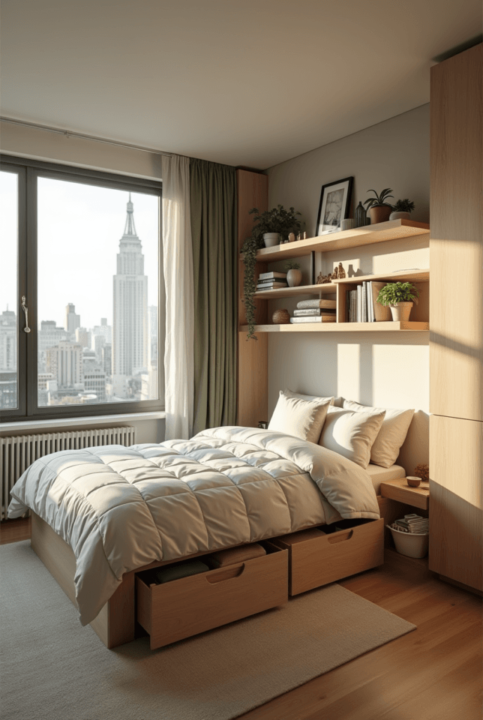 9 Best Relaxing Bedroom Ideas to Create a Peaceful Retreat 1 Relaxing bedroom with a cozy bed, built-in storage, and floating shelves, featuring a city skyline view through a large window.