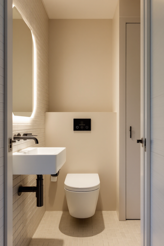 10 Brilliant Small Bathroom Decor Ideas for a Stylish & Spacious Look 2 Small bathroom decor featuring a wall-mounted toilet, compact sink, backlit mirror, and neutral tones for a minimalist, modern look.