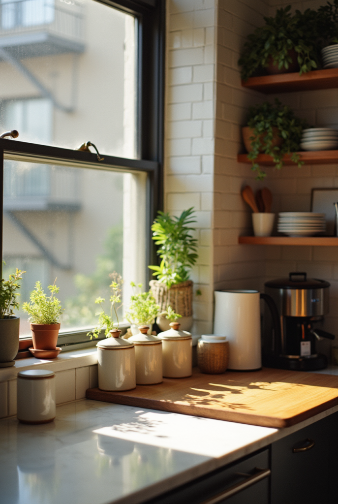 Kitchen Styling Countertops: 15 Smart Ways to Refresh Your Space 2 Kitchen styling countertops with potted herbs, ceramic jars, and wooden accents bathed in natural light from a large window.