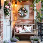 Spring Porch Décor: 7 Simple Ideas for a Stylish Entryway Spring porch decor with a wooden bench, floral pillows, lavender pots, and wreaths on a brick wall, illuminated by string lights.