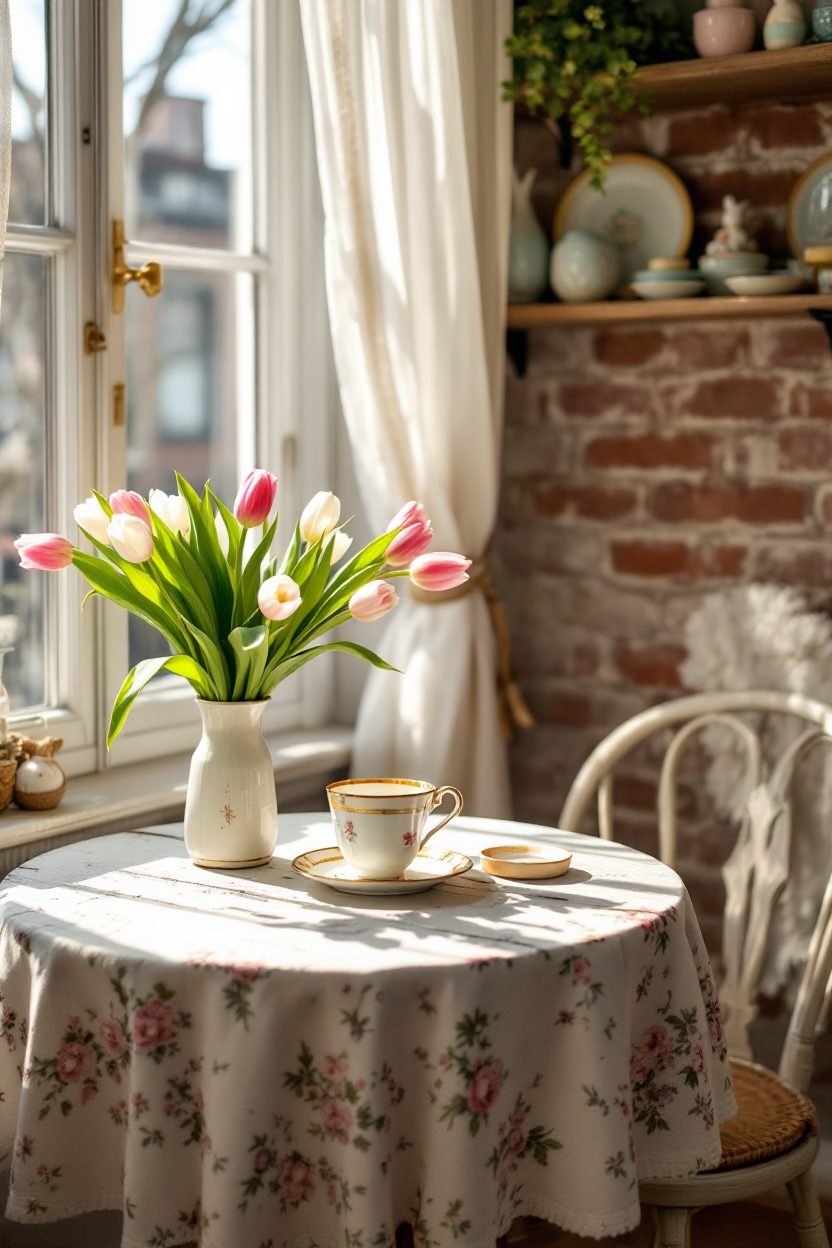 Vintage spring decor featuring a cozy table with a floral tablecloth, a vase of pink and white tulips, and a teacup by a sunny window.