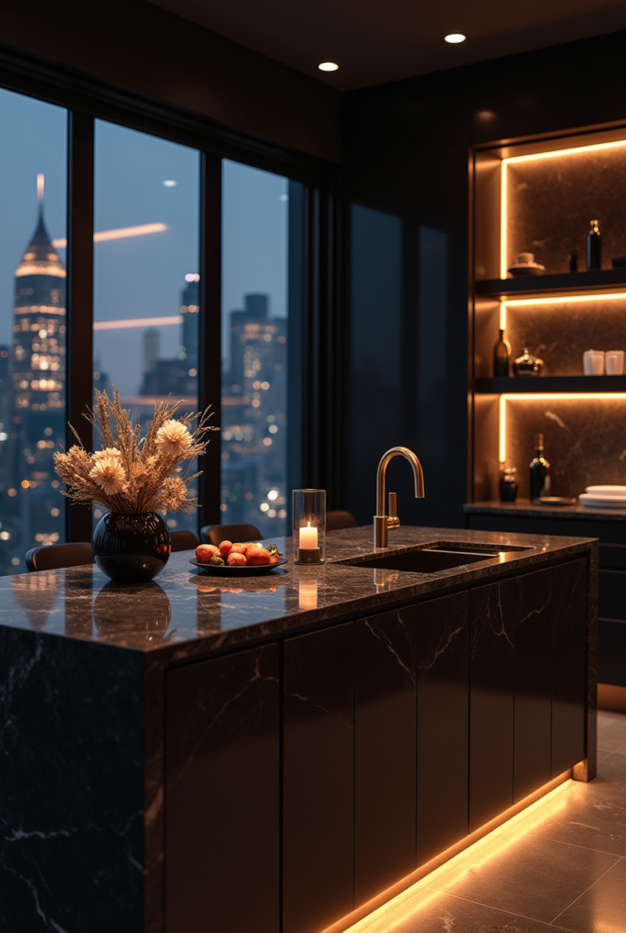 Kitchen Styling Countertops: 15 Smart Ways to Refresh Your Space 13 Kitchen styling countertops with black marble, gold accents, warm lighting, and a city skyline view creating a luxurious and intimate ambiance.