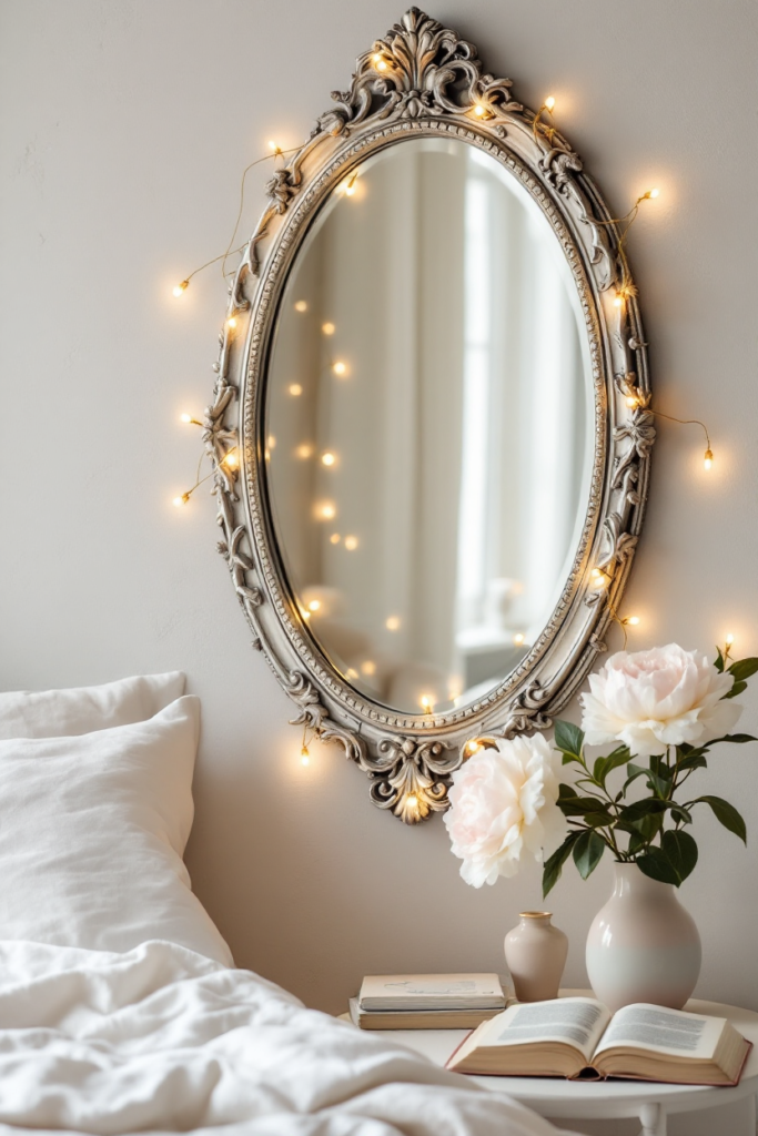 Vintage Spring Decor: 8 Charming Ideas for Small Apartment Living 12 Vintage spring decor with an ornate oval mirror adorned with fairy lights, a bedside table with soft pink peonies in a vase, and an open book.