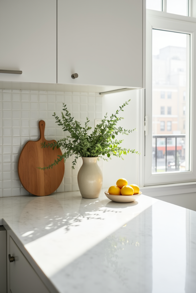 Kitchen Styling Countertops: 15 Smart Ways to Refresh Your Space 12 Kitchen styling countertops with white marble, a wooden cutting board, a ceramic vase with greenery, and a bowl of lemons in natural light.