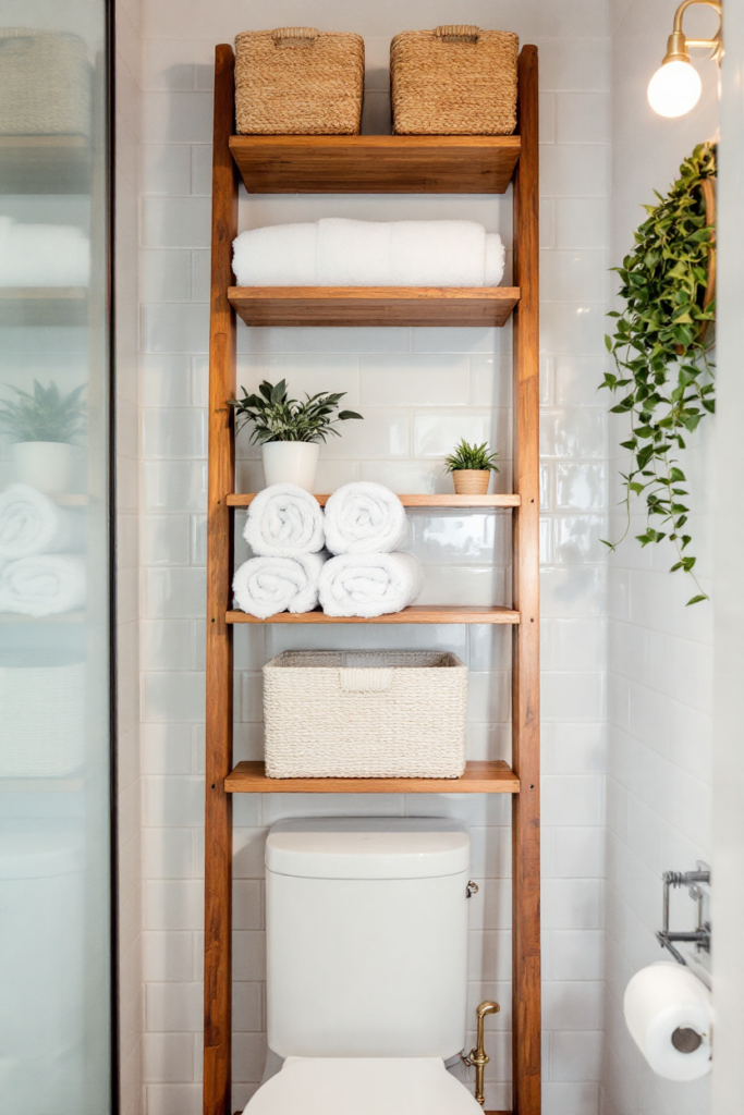 10 Brilliant Small Bathroom Decor Ideas for a Stylish & Spacious Look 11 Small bathroom decor with a wooden over-the-toilet shelf, woven baskets, rolled towels, potted plants, and white subway tiles for a cozy look.