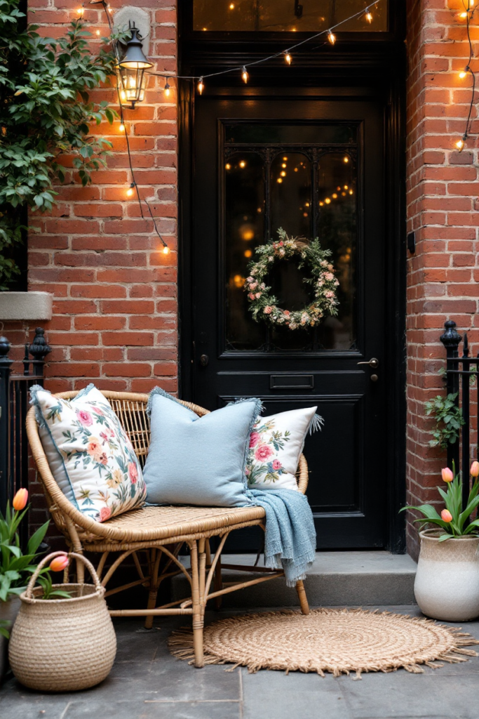 Spring Porch Décor: 7 Simple Ideas for a Stylish Entryway 11 Spring porch decor with a wicker bench, floral and pastel pillows, a soft throw, a wreath on a black door, tulip planters, and string lights.
