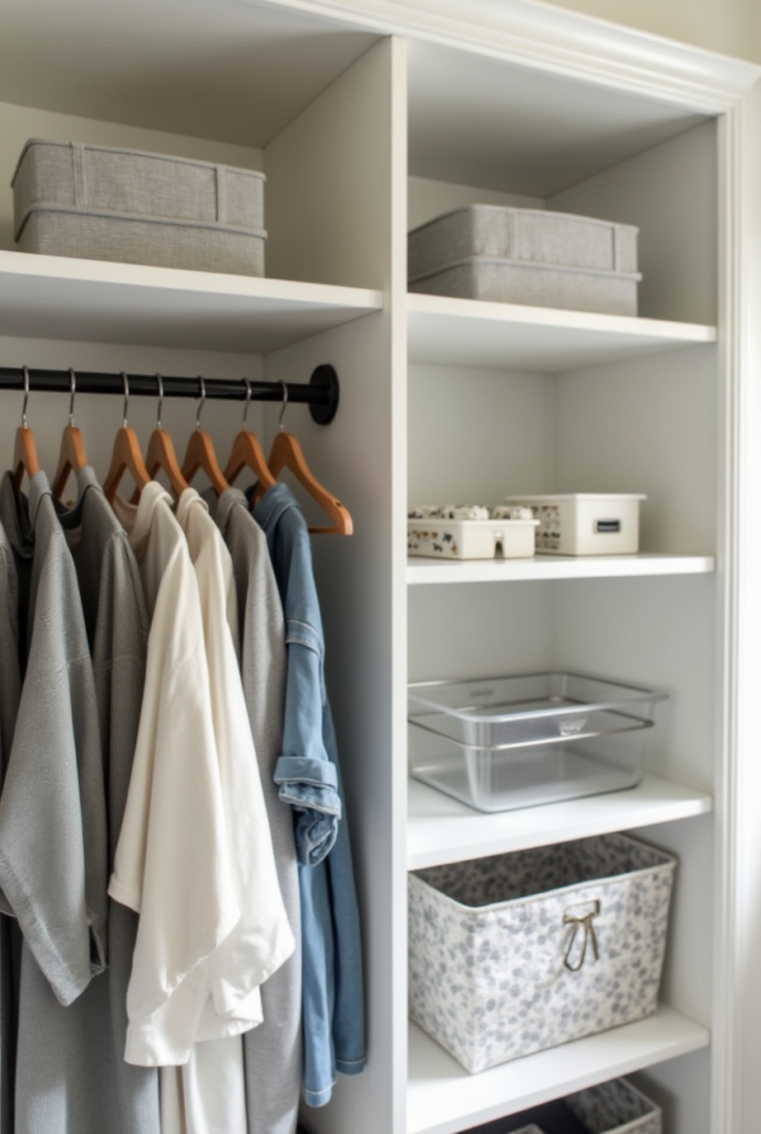 Spring Cleaning Checklist: 15 Tips for a Spotless Apartment 12 A neatly organized closet with coordinated clothing and storage bins, showcasing a fresh decluttered space for Spring Cleaning.
