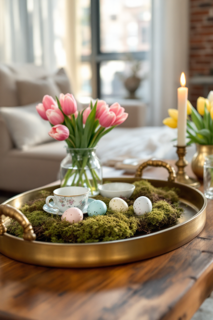 Vintage Spring Decor: 8 Charming Ideas for Small Apartment Living 13 Vintage spring decor with a gold tray centerpiece featuring moss, pastel Easter eggs, a floral teacup, pink tulips in a glass vase, and candlelight.