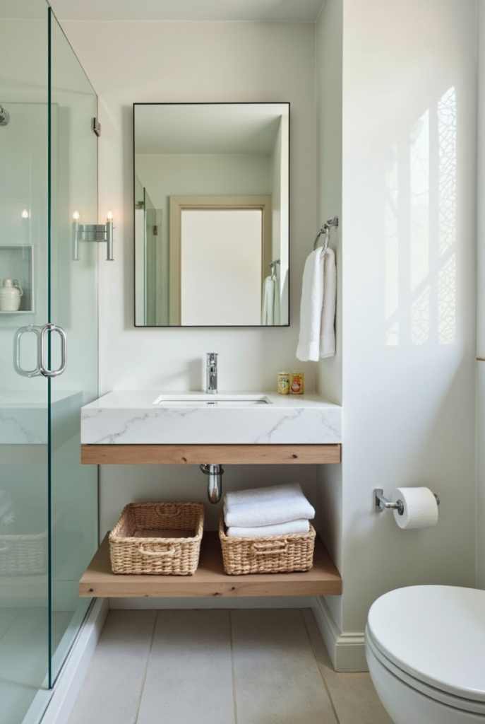 10 Brilliant Small Bathroom Decor Ideas for a Stylish & Spacious Look 12 Small bathroom decor with a floating marble vanity, wooden shelf, woven baskets, glass shower, and neutral tones for a minimalist, cozy feel.