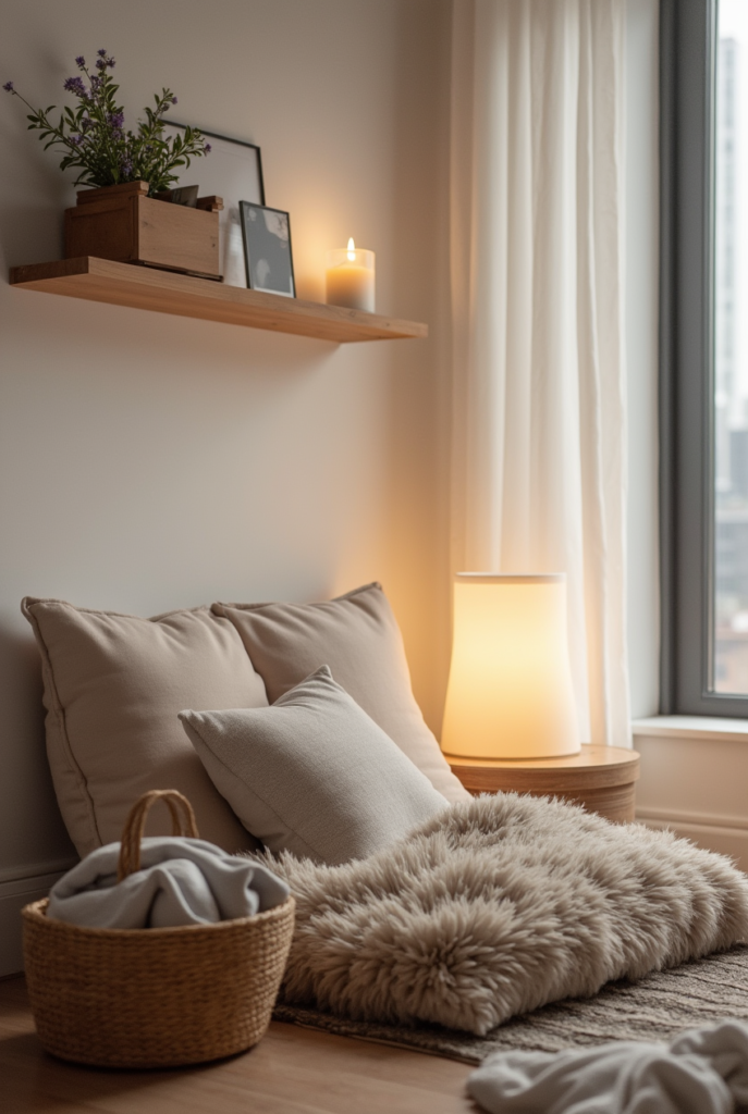 9 Best Relaxing Bedroom Ideas to Create a Peaceful Retreat 14 Serene bedroom with a cozy floor seating area, soft cushions, a plush rug, warm lighting, and a floating shelf with candles and greenery.