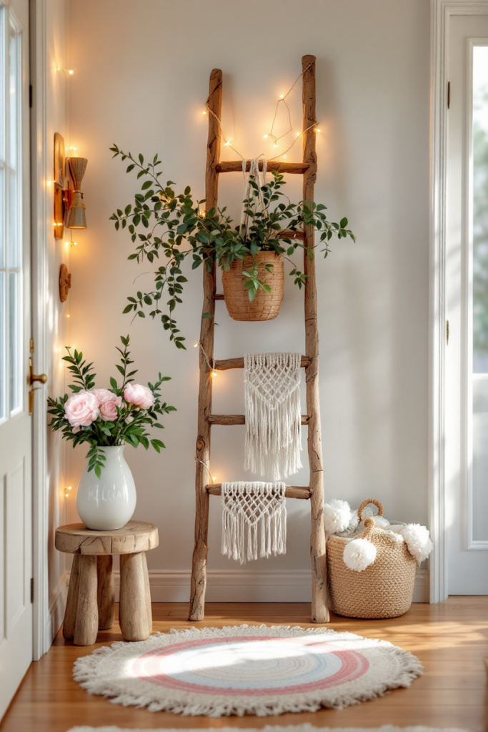 Spring Porch Décor: 7 Simple Ideas for a Stylish Entryway 12 Spring porch decor with a rustic wooden ladder adorned with macramé, a hanging plant, string lights, a vase of pink roses, and woven accents.