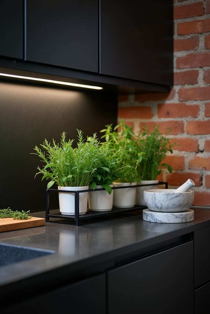 Kitchen Styling Countertops: 15 Smart Ways to Refresh Your Space 14 Kitchen styling countertops with black surfaces, potted fresh herbs, a marble mortar and pestle, and warm brick accents for a modern touch.