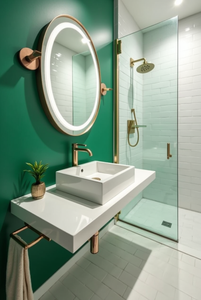 10 Brilliant Small Bathroom Decor Ideas for a Stylish & Spacious Look 13 Small bathroom decor with a bold green wall, floating white vanity, round LED mirror, gold fixtures, and a glass-enclosed shower for a modern look.