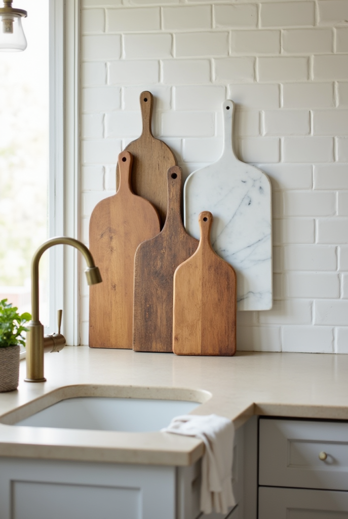 Kitchen Styling Countertops: 15 Smart Ways to Refresh Your Space 15 Kitchen styling countertops with neutral stone, brass fixtures, a potted herb, and wooden and marble cutting boards against a white brick wall.