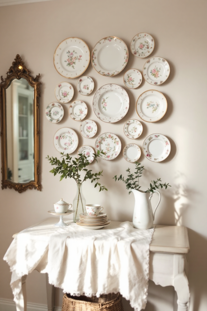 Vintage Spring Decor: 8 Charming Ideas for Small Apartment Living 14 Vintage spring decor with a gallery wall of floral china plates, a white rustic table adorned with greenery in vases, delicate teacups, and a gold-framed mirror.