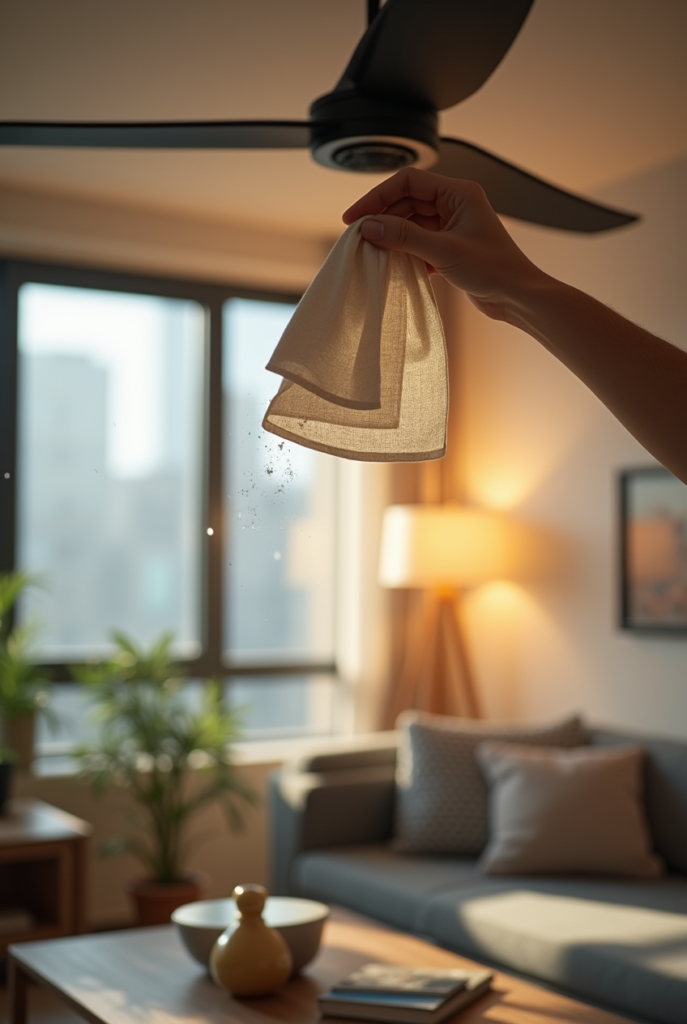 Spring Cleaning Checklist: 15 Tips for a Spotless Apartment 14 Hand wiping dust off a ceiling fan with a cloth, refreshing the living room as part of Spring Cleaning.