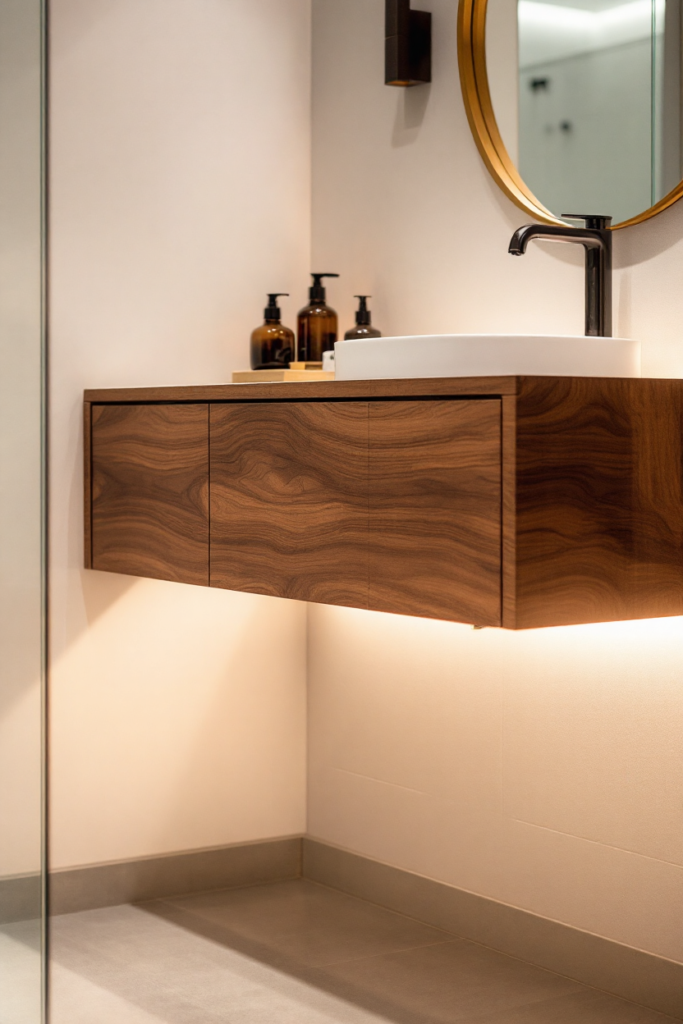 10 Brilliant Small Bathroom Decor Ideas for a Stylish & Spacious Look 14 Small bathroom decor with a floating wood vanity, vessel sink, black faucet, warm under-cabinet lighting, and a round gold-framed mirror.