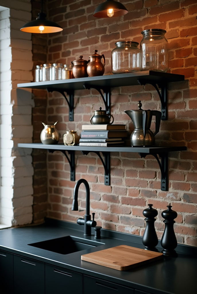 Kitchen Styling Countertops: 15 Smart Ways to Refresh Your Space 16 Kitchen styling countertops with black surfaces, open shelves, vintage copper accents, and warm lighting against an exposed brick wall.