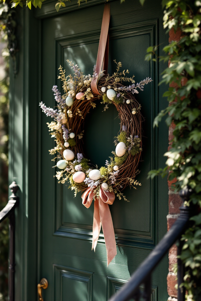 Vintage Spring Decor: 8 Charming Ideas for Small Apartment Living 15 Vintage spring decor with a rustic grapevine wreath on a deep green door, adorned with pastel Easter eggs, dried flowers, lavender, and a soft velvet ribbon.