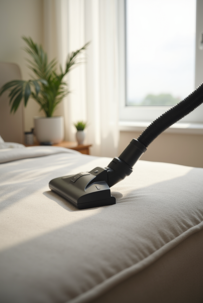 Spring Cleaning Checklist: 15 Tips for a Spotless Apartment 15 Vacuuming a mattress in a bright, tidy bedroom as part of a Spring Cleaning routine.