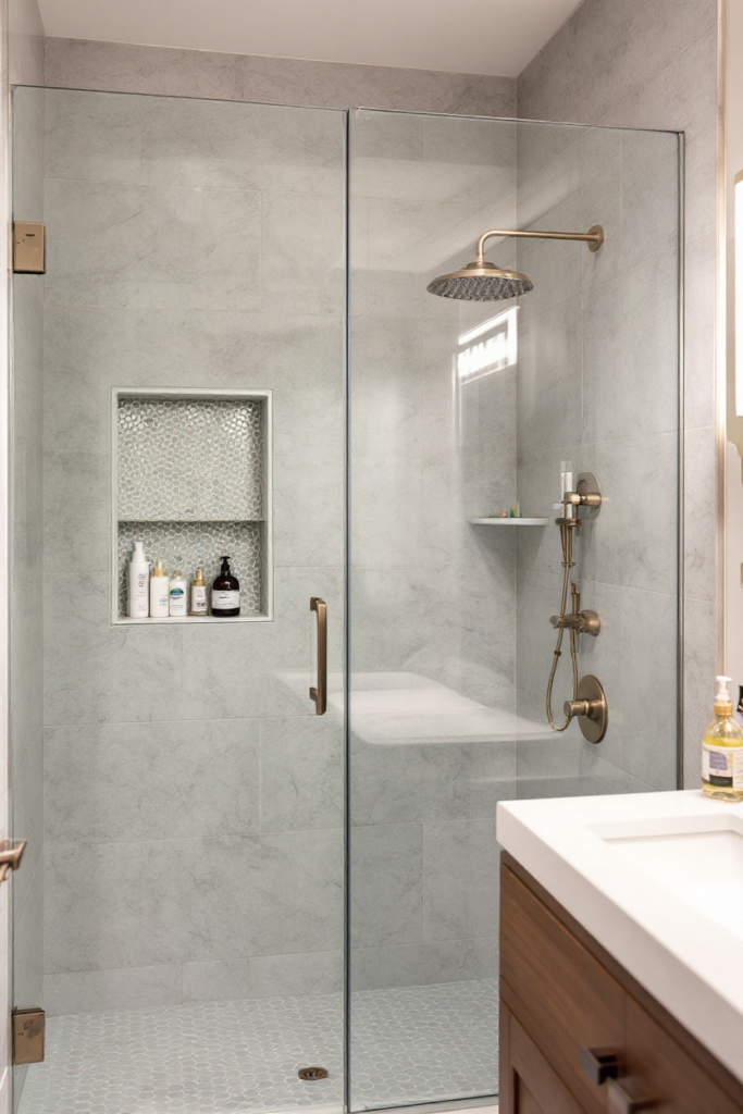 10 Brilliant Small Bathroom Decor Ideas for a Stylish & Spacious Look 15 Small bathroom decor with a glass-enclosed shower, built-in niche with mosaic tiles, brass fixtures, and a rainfall showerhead for a modern touch.