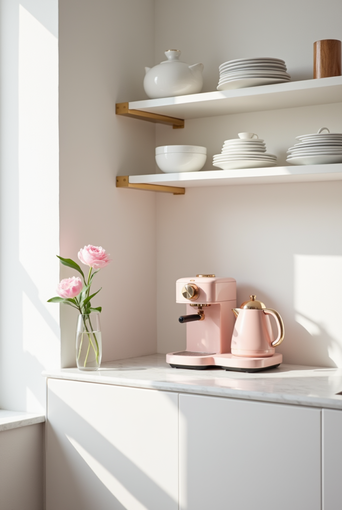 Kitchen Styling Countertops: 15 Smart Ways to Refresh Your Space 17 Kitchen styling countertops with white marble, open shelves, a pastel pink coffee machine and kettle, and fresh flowers in soft natural light.