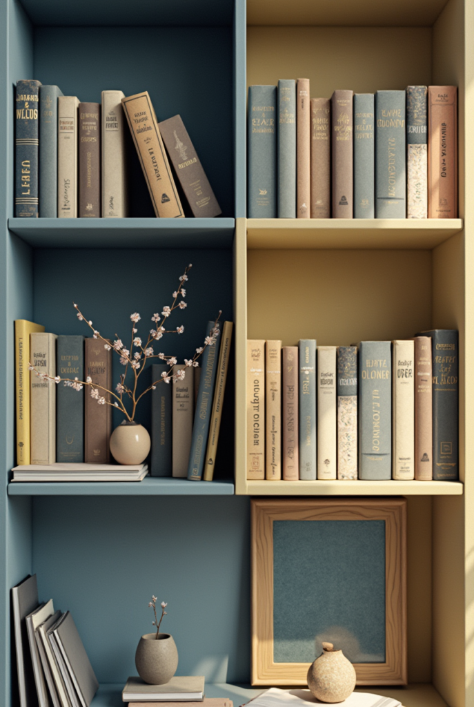 Spring Cleaning Checklist: 15 Tips for a Spotless Apartment 16 A beautifully organized bookshelf with vintage books, decorative vases, and a framed fabric panel, showcasing a fresh decluttered look for Spring Cleaning.