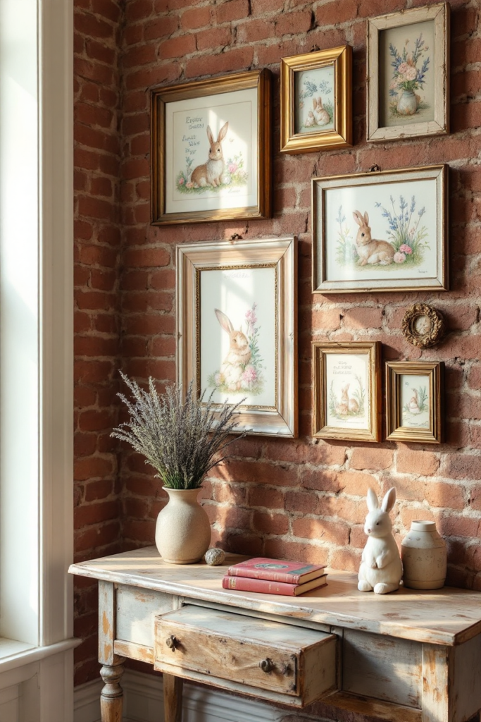 Vintage Spring Decor: 8 Charming Ideas for Small Apartment Living 16 Vintage spring decor with a rustic wooden console, a gallery wall of framed bunny illustrations, dried lavender in a vase, antique books, and a ceramic rabbit figurine.