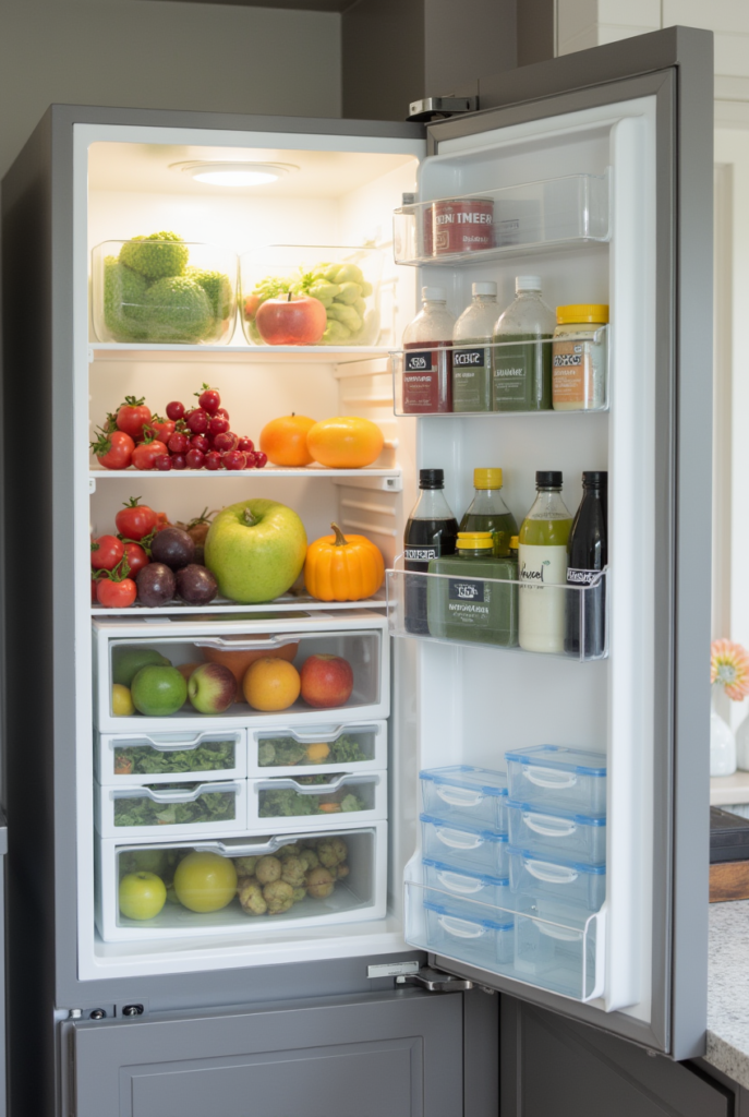 Spring Cleaning Checklist: 15 Tips for a Spotless Apartment 17 A freshly cleaned and organized refrigerator filled with neatly arranged fruits, vegetables, and drinks, perfect for a Spring Cleaning refresh.
