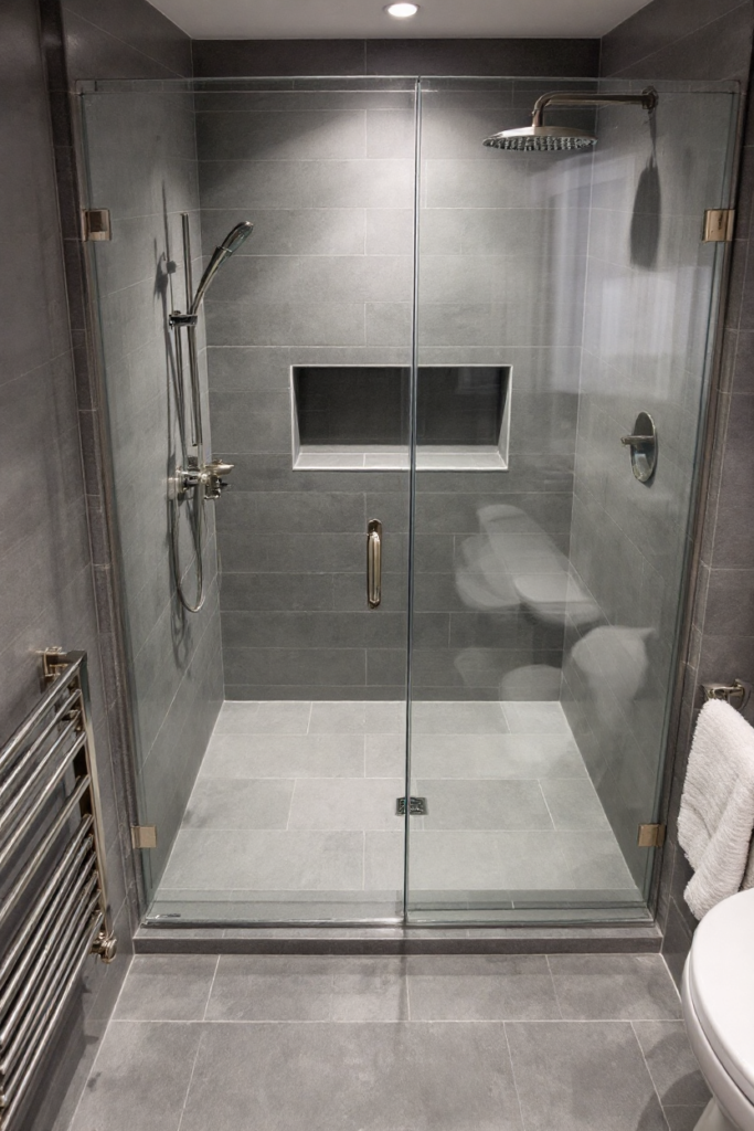 10 Brilliant Small Bathroom Decor Ideas for a Stylish & Spacious Look 16 Small bathroom decor with a glass-enclosed shower, dark gray tiles, built-in niche, rainfall showerhead, and chrome fixtures for a sleek, modern look.