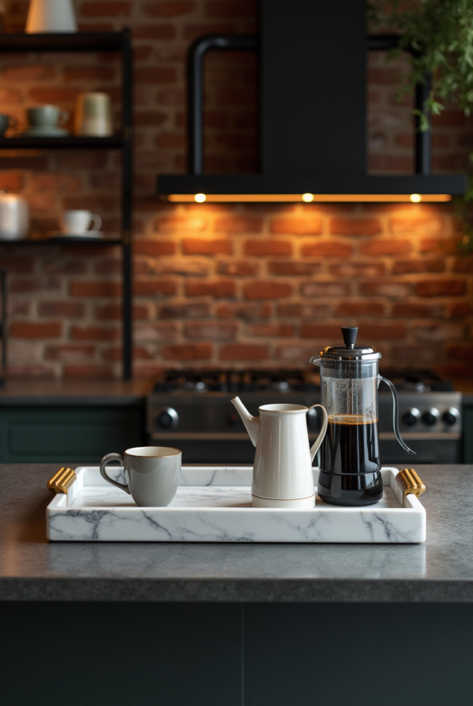 Kitchen Styling Countertops: 15 Smart Ways to Refresh Your Space 18 Kitchen styling countertops with dark stone, a marble tray holding a French press, a teapot, and a mug, set against a warm brick backdrop.