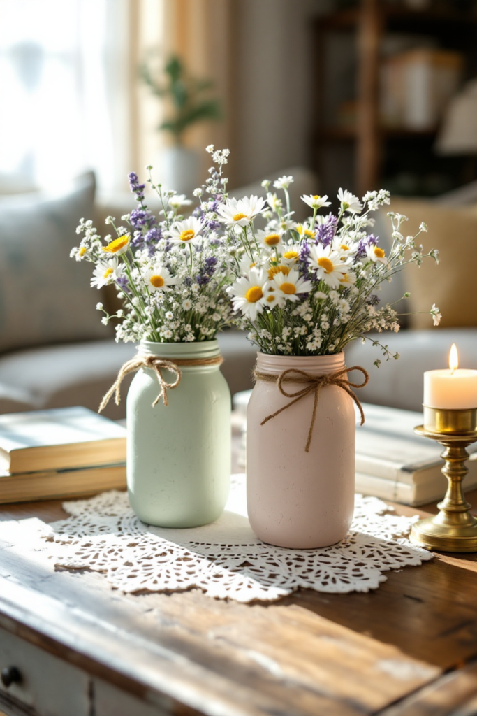 Vintage Spring Decor: 8 Charming Ideas for Small Apartment Living 17 Vintage spring decor with pastel-painted mason jars filled with daisies and lavender, a lace doily, stacked books, and a glowing candle on a rustic wooden table.