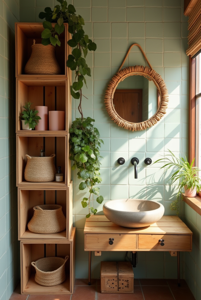 Bathroom Shelves: 13 Epic Ideas for Space-Saving Style 16 Bathroom shelving ideas with stacked wooden crate shelves holding woven baskets, plants, and decor, creating a warm, natural aesthetic.
