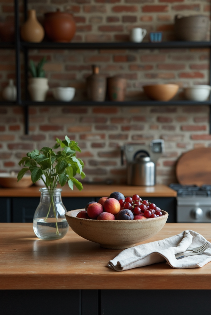 Kitchen Styling Countertops: 15 Smart Ways to Refresh Your Space 19 Kitchen styling countertops with warm wood, a rustic fruit bowl, fresh herbs in a glass jar, and open shelving against an exposed brick wall.