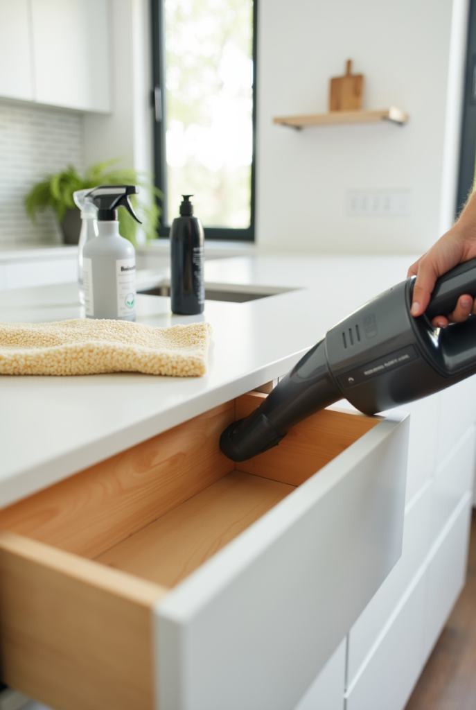 Spring Cleaning Checklist: 15 Tips for a Spotless Apartment 18 Person using a handheld vacuum to clean an empty kitchen drawer, with cleaning supplies nearby, as part of a Spring Cleaning routine.
