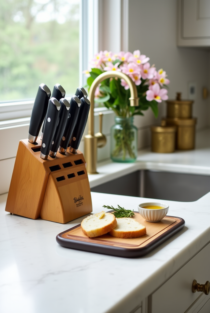 Kitchen Styling Countertops: 15 Smart Ways to Refresh Your Space 20 Kitchen styling countertops with white marble, a wooden knife block, fresh bread with olive oil, and a vase of pink flowers by a brass faucet.