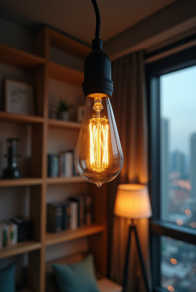 Spring Cleaning Checklist: 15 Tips for a Spotless Apartment 19 A glowing Edison-style light bulb in a cozy, well-organized living space, perfect for a refreshed and decluttered Spring Cleaning look.