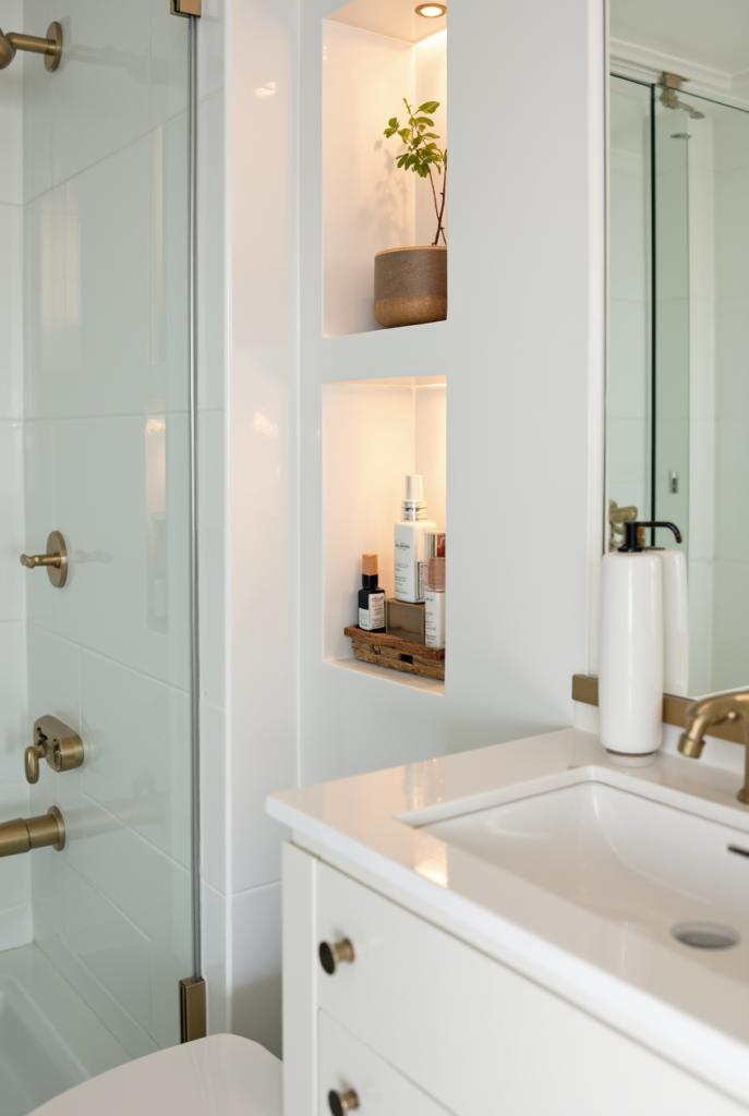 10 Brilliant Small Bathroom Decor Ideas for a Stylish & Spacious Look 18 Small bathroom decor with built-in illuminated shelves, a white vanity, gold fixtures, a glass shower door, and a potted plant for a modern touch.