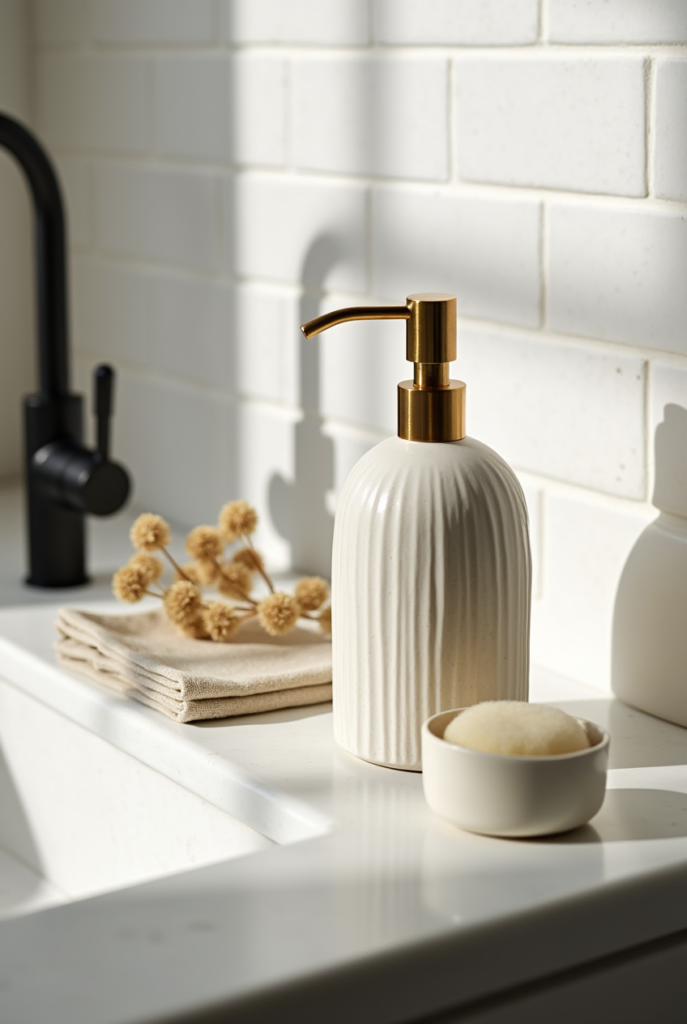 Kitchen Styling Countertops: 15 Smart Ways to Refresh Your Space 21 Kitchen styling countertops with a ceramic soap dispenser, a soft sponge, neutral linens, and a black faucet against a white subway tile backsplash.