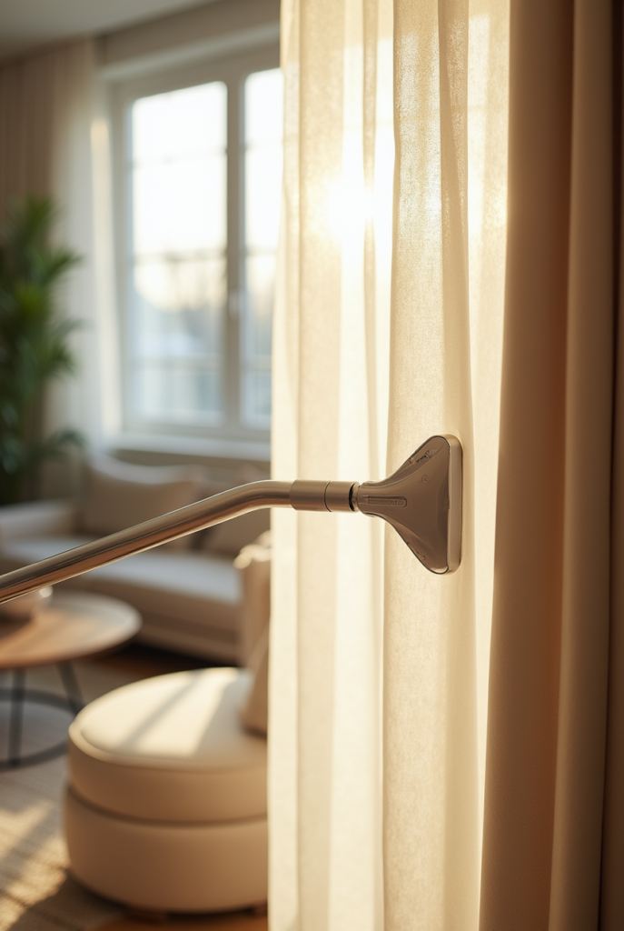 Spring Cleaning Checklist: 15 Tips for a Spotless Apartment 20 A steam cleaner refreshing light, airy curtains in a sunlit living room, part of a thorough Spring Cleaning routine.
