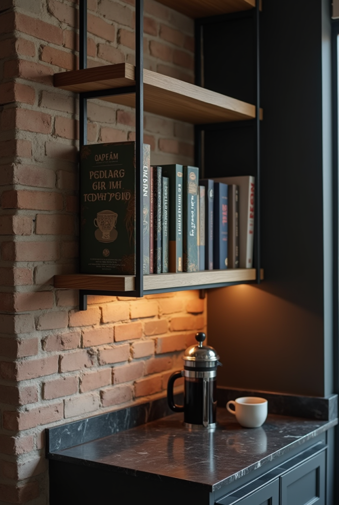 Kitchen Styling Countertops: 15 Smart Ways to Refresh Your Space 22 Kitchen styling countertops with black marble, warm lighting, a French press, a coffee cup, and open bookshelves against an exposed brick wall.