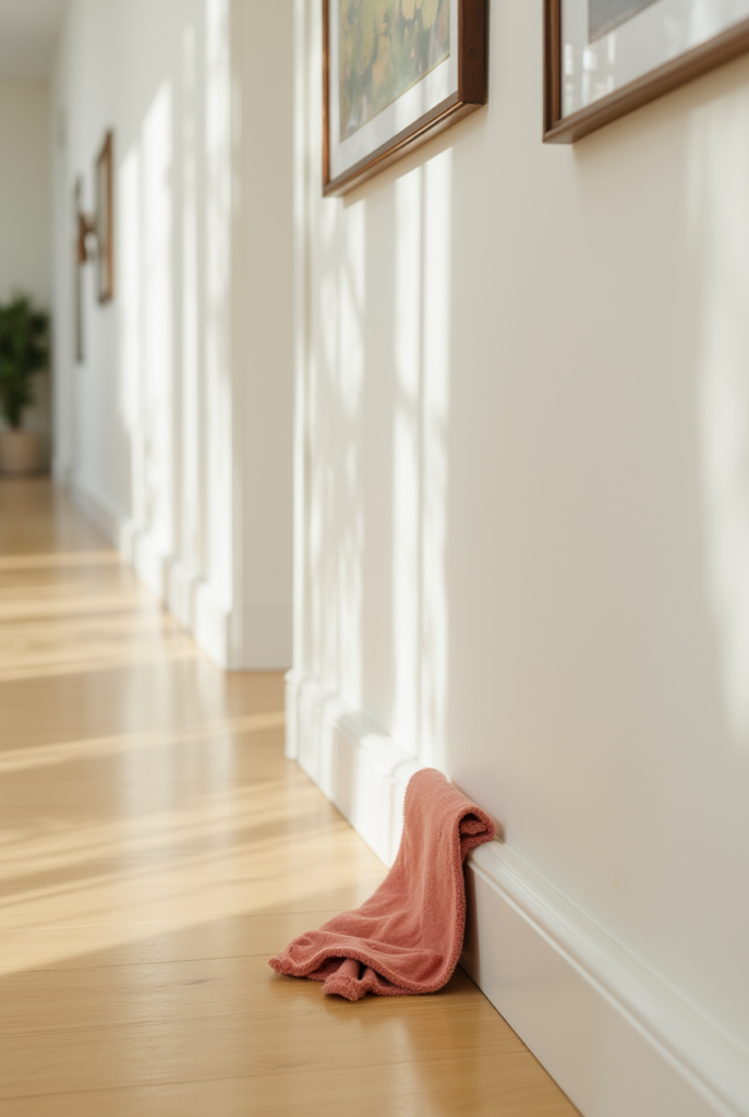 Spring Cleaning Checklist: 15 Tips for a Spotless Apartment 21 A soft pink cloth resting on a white baseboard in a sunlit hallway, capturing a moment of Spring Cleaning in progress.