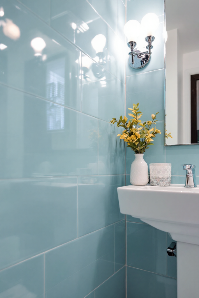 10 Brilliant Small Bathroom Decor Ideas for a Stylish & Spacious Look 20 Small bathroom decor with glossy light blue tiles, a white pedestal sink, wall-mounted light, and a vase with yellow flowers for a fresh, elegant look.