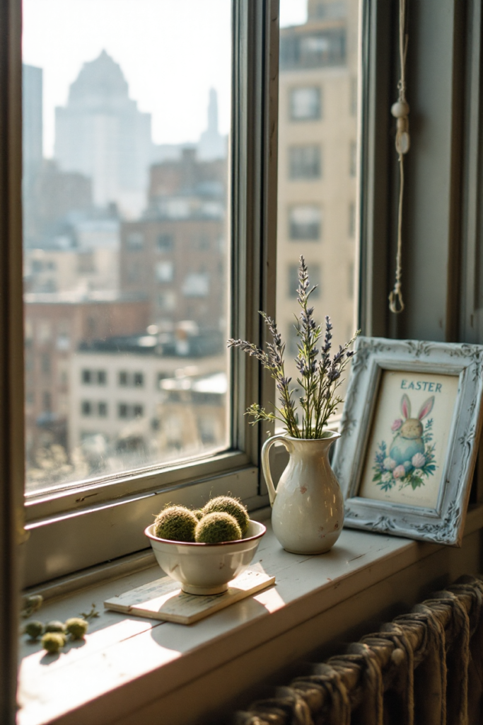 Vintage Spring Decor: 8 Charming Ideas for Small Apartment Living 3 Vintage spring decor with a rustic windowsill display featuring a white pitcher of lavender, a framed Easter print, and moss balls in a bowl.