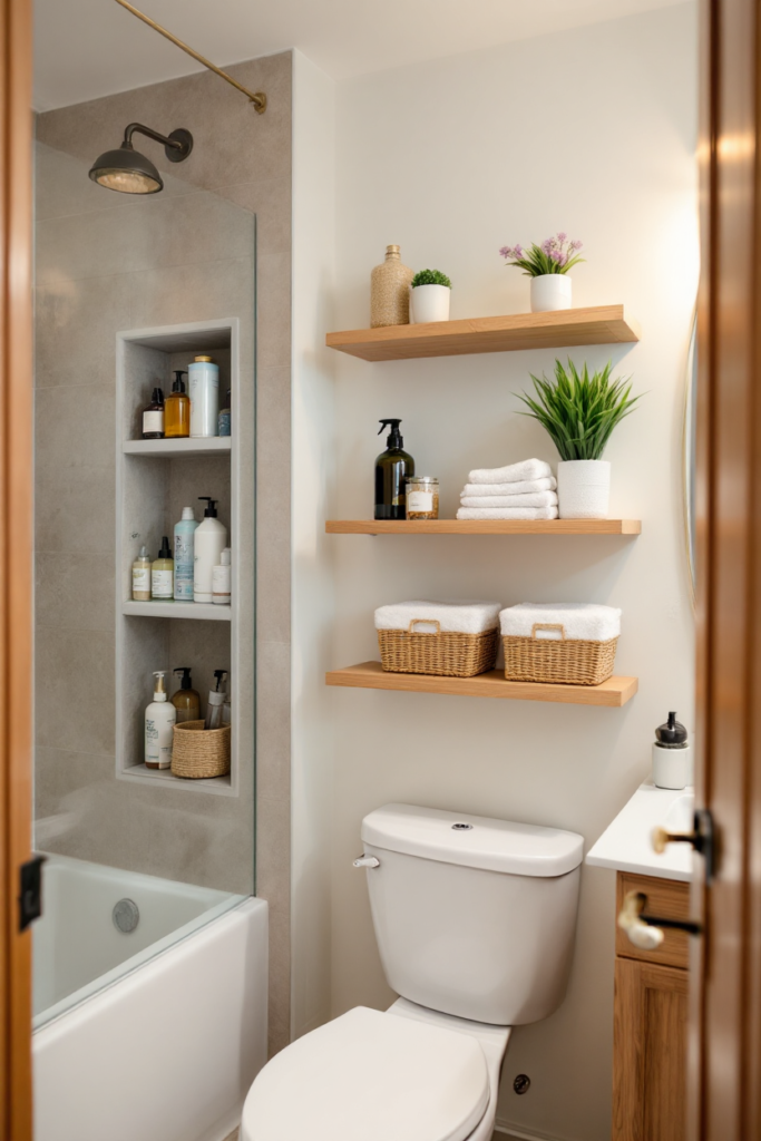 10 Brilliant Small Bathroom Decor Ideas for a Stylish & Spacious Look 3 Small bathroom decor with wooden floating shelves, wicker baskets, potted plants, and built-in shower storage for an organized, cozy feel.