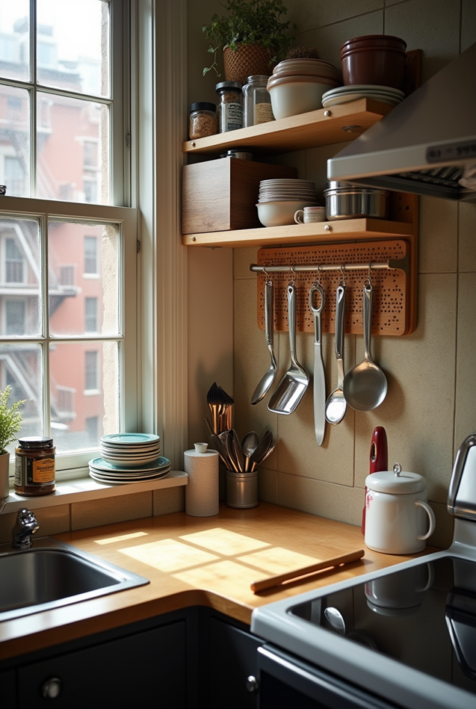 Kitchen Styling Countertops: 15 Smart Ways to Refresh Your Space 3 Kitchen styling countertops with wooden shelves, hanging utensils, and natural light highlighting an organized and cozy cooking space.