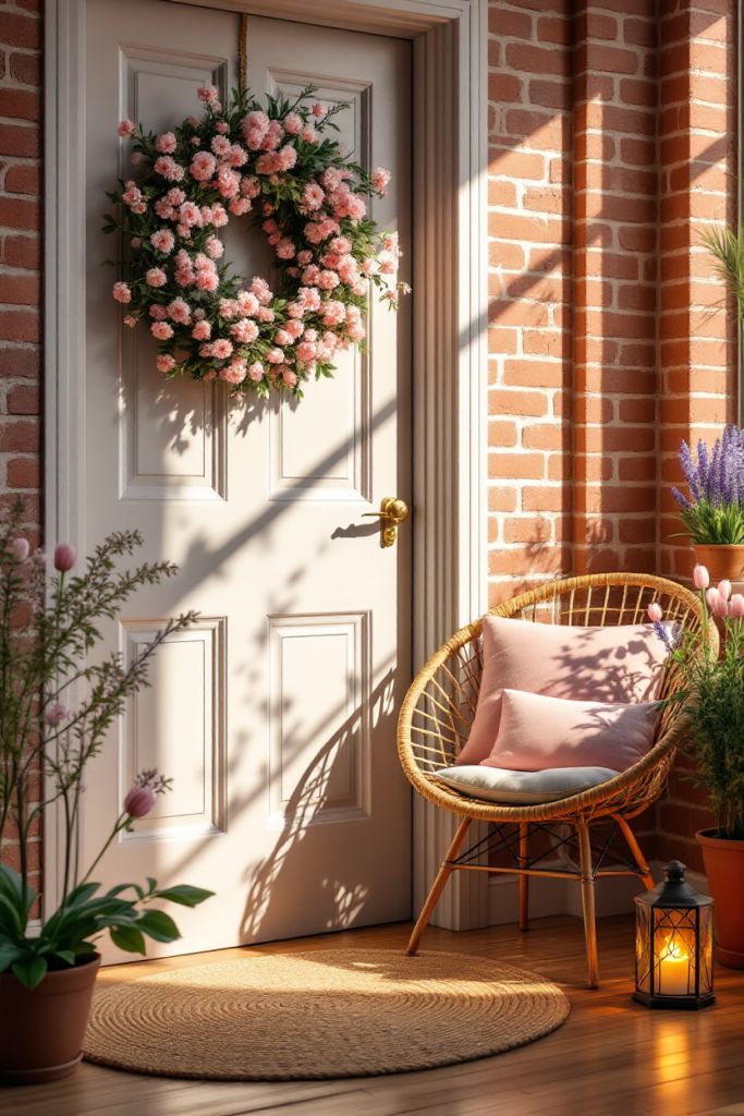 Spring Porch Décor: 7 Simple Ideas for a Stylish Entryway 3 Spring porch decor featuring a pink floral wreath on a white door, a wicker chair with pastel pillows, potted plants, and a lantern.