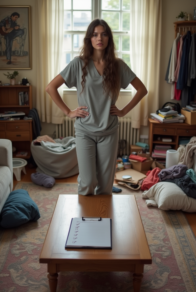 Spring Cleaning Checklist: 15 Tips for a Spotless Apartment 3 Woman stands with hands on hips in a cluttered room, facing a Spring Cleaning Checklist on the table, ready to declutter.