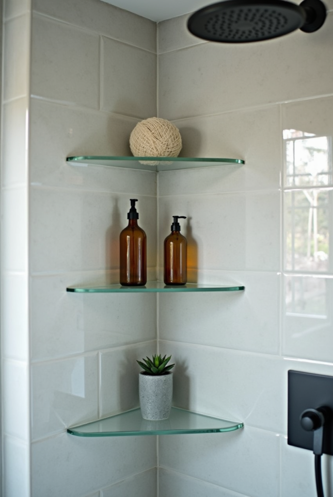 Bathroom Shelves: 13 Epic Ideas for Space-Saving Style 3 Bathroom shelves made of glass in a shower corner, holding amber soap dispensers, a small potted plant, and a decorative twine ball.