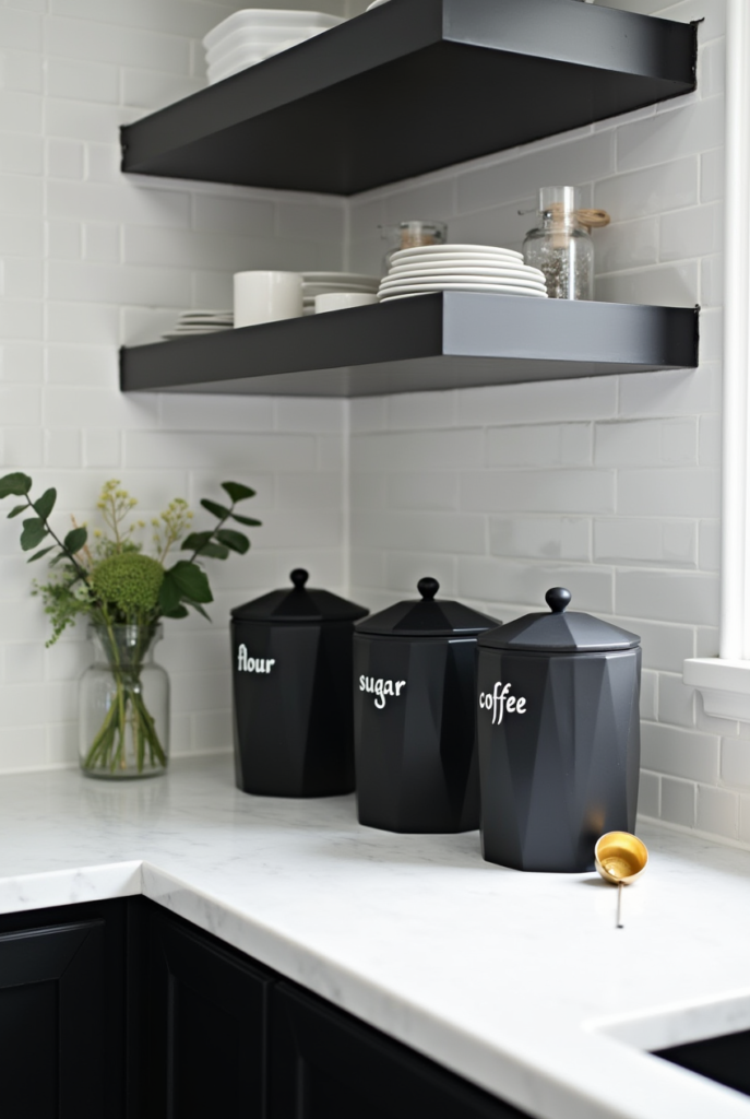 Kitchen Styling Countertops: 15 Smart Ways to Refresh Your Space 23 Kitchen styling countertops with white marble, black canisters for flour, sugar, and coffee, open shelves, and fresh greenery against subway tiles.